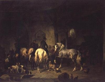 Het interieur van een stal met sportmannen en andere dieren door Wouterus Verschuur