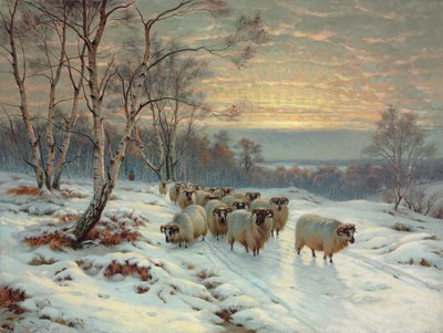 Een herder met zijn kudde in een winterlandschap door Wright Baker
