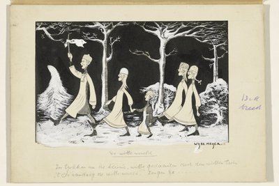 Henk, Anne, Hans, Noor en Elly marcheren door de sneeuw door Wybo Meijer (signed by artist)