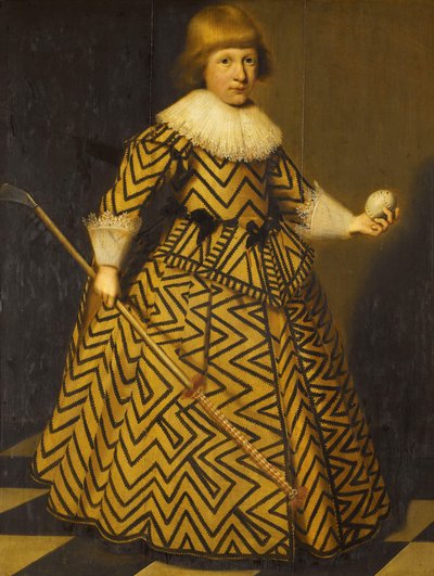 Portret van een jongen met een kolfstok door Wybrand de Geest (I)