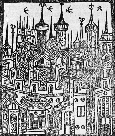 Houtsnede uit The Chronicle of Englonde, 1497 door Wynkyn de Worde