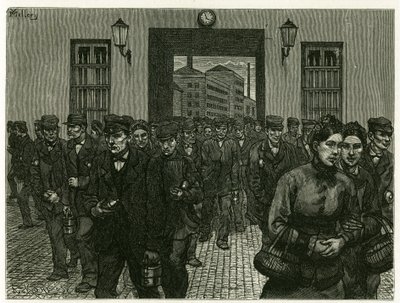 Een fabrieksuitgang in Gent. Gravure door X. Mellery, naar de natuur, ter illustratie van het verhaal 