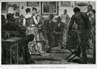 Een muzikant in de haven van Antwerpen, waar zeelieden kunnen drinken en dansen op het geluid van het prikkelende orgel. Gravure door X. Mellery, ter illustratie van het verhaal van België, door Camille Lemonnier, gepubliceerd in Le tour du monde, uitgegev door Xavier Mellery