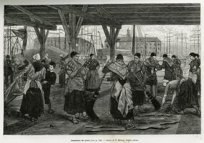 Ontzouting van de huiden, door vrouwen die de resten van de beesten schrapen onder de structuren van de hallen van de haven van Antwerpen. Gravure door X. Mellery, ter illustratie van het verhaal van België, door Camille Lemonnier, gepubliceerd in Le tour  door Xavier Mellery