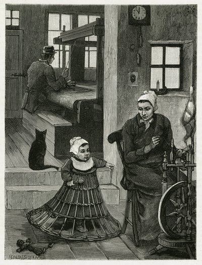 Interieur van de woning en weverswerkplaats, met de wever en het wiel, evenals een kind met een rieten rok die hem helpt zijn eerste stappen te zetten. Gravure door X. Mellery, ter illustratie van het verhaal 