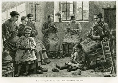 Het vlechten van stro in Sluze. Gravure door Xavier Mellery ter illustratie van het verhaal 