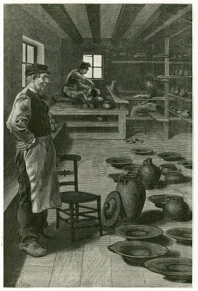 De pottenbakker van Terneuzen, in zijn werkplaats, vol met vazen en schalen, bij het raam, de pottenbakker werkt de klei op het harnas en zijn leerling, beneden, werkt de draaischijf. Gravure door X. Mellery, naar de natuur, ter illustratie van het verhaal door Xavier Mellery
