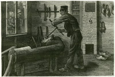 De saboteur van Terneuzen, heeft zijn vestiging, vergroot en graaft het hout met behulp van cramms. Gravure door X. Mellery, naar de natuur, ter illustratie van het verhaal 