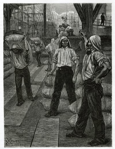 Het lossen van een schip, de dokwerkers met hun hoofden bedekt met een teerhoed, stapelen de goederen op de kades van de haven van Antwerpen. Gravure door X. Mellery, ter illustratie van het verhaal van België, door Camille Lemonnier, gepubliceerd in de To door Xavier Mellery