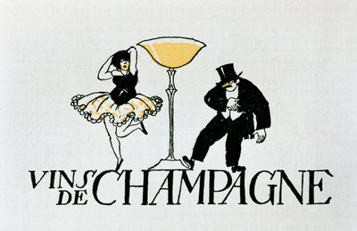 Advertentievignet voor Champagnewijnen die een dansend paar rond een beker voorstellen, 20e eeuw (poster) door Xavier Nogues