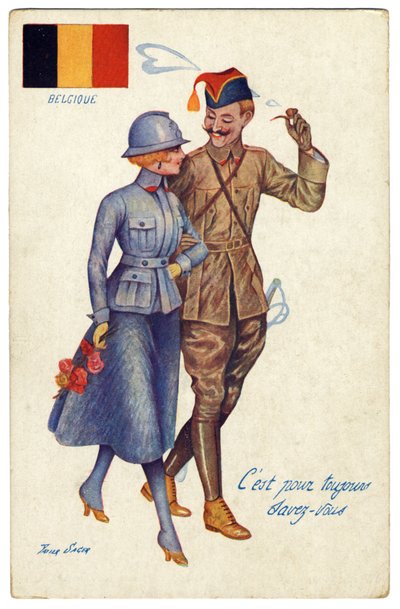 Eerste Wereldoorlog Belgische ansichtkaart De harmonie tussen bondgenoten, ca. 1917 door Xavier Sager
