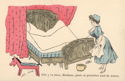 Dienstmeid die een versleten bed opmaakt door Xavier Sager