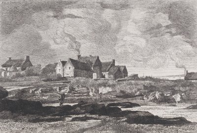 Landschap op het platteland met een rivier rechts en huizen op de achtergrond door Xavier de Dananche