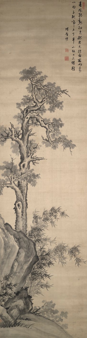 Wutongboom, bamboe en rots door Xiang Shengmo