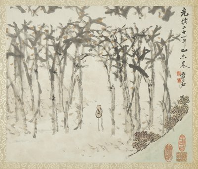 Landschap met figuur, uit een album van landschappen en kalligrafie voor Liu Songfu, 1895-96 door Xugu