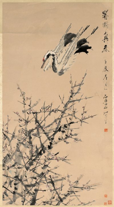 Pruimenbloesems, kraanvogel en lente door Xugu