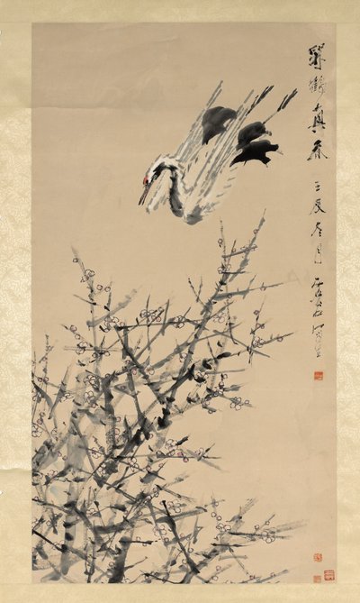 Pruimenbloesems, kraanvogel en lente, Qing-dynastie door Xugu