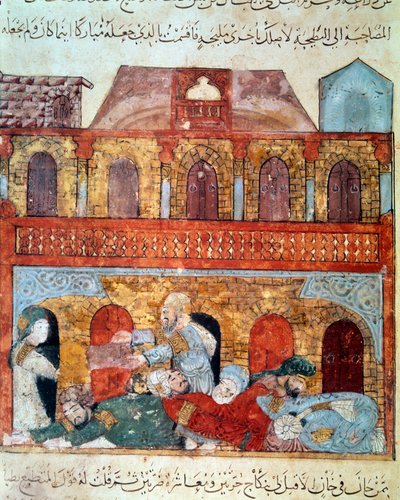 De zwervende navigator Abu-Zayd en de slapende kooplieden. Miniatuur uit de 