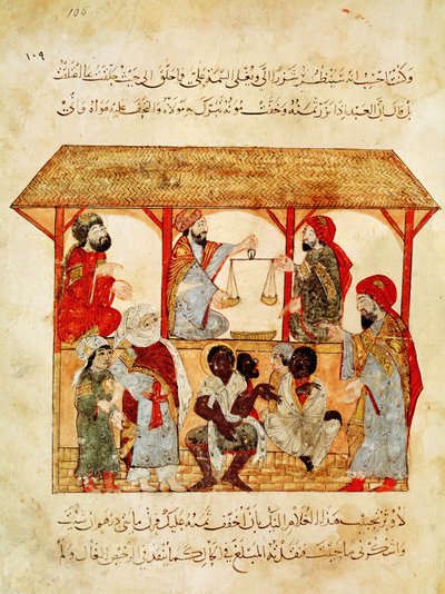 Ms. Ar 5847 f.105, Een Slavenmarkt, uit "Al Maqamat" door Yahya ibn Mahmud Al Wasiti
