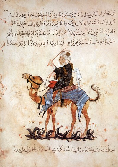 Ms Ar 5847 f.51, Abou Zayd op zijn kameel, uit Maqamat door Al Hariri, ca. 1240 door Yahya ibn Mahmud Al Wasiti