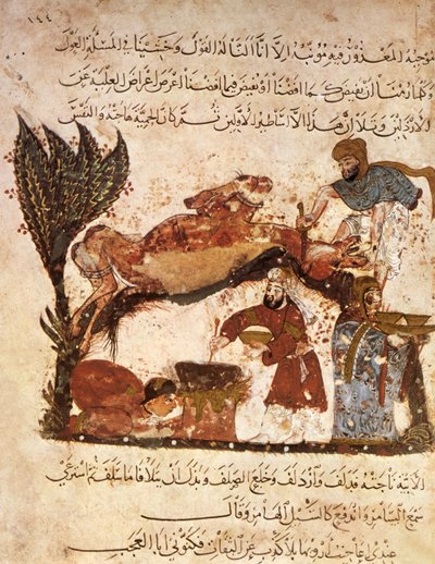 Ms Ar 5847 f.61, Een feest voorbereiden, uit Al Maqamat door Al Hariri, ca. 1240 door Yahya ibn Mahmud Al Wasiti
