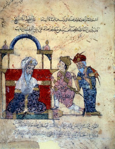 De zwervende navigator Abu-Zayd en zijn zus beschuldigen zichzelf voor een kadi. Miniatuur uit de 