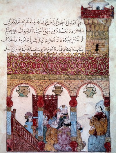 De zwervende navigator Abu-Zayd in de moskee van Basra. Miniatuur uit de 
