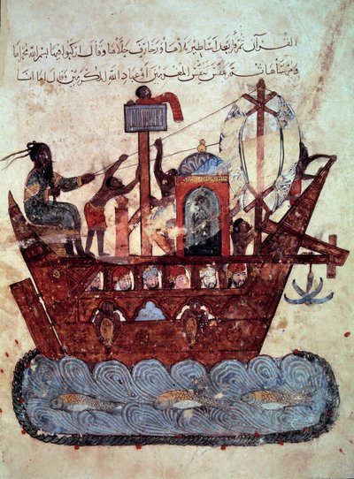 de burger al-Harith (Al Harith), zoon van Hammam, en de zwervende navigator Abu-Zayd (Abu Zayd) op een miniatuurboot uit de 