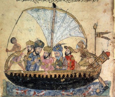 de bourgeois al-Harith (Al Harith), zoon van Hammam, en de zwervende navigator Abu-Zayd (Abu Zayd) op een boot die op de Eufraat vaart Miniatuur uit de "Maqamat" (Seances) van Abu Mohammed al-Kasim ibn Ali Hariri (of Al-Hariri of Al Hariri) (1054-1122) door Yahya ibn Mahmud Al Wasiti