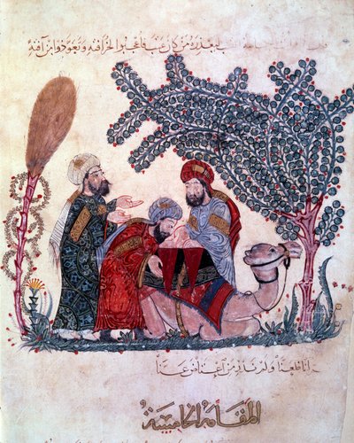 de burger al-Harith, zoon van Hammam, ontdekt een bericht van de zwervende navigator Abu-Zayd. Miniatuur uit de 