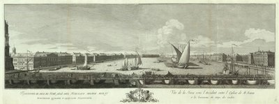 Uitzicht op de Neva-rivier tussen de Isaac-kerk en het Cadettenkorps. Boek ter gelegenheid van het 50-jarig jubileum van Sint-Petersburg, 1753 door Yakov Vasilyevich Vasilyev