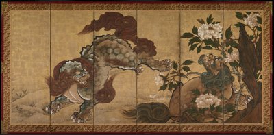 Leeuwen en Tijgers in Pioenroos en Bamboe door Yamaguchi Sekkei
