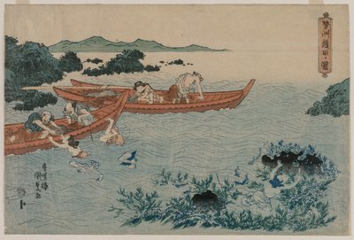 Abalone Duikers voor de Kust van Ise, uit een ongetitelde landschapserie, begin 1830s door Yamaguchiya Tobei
