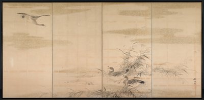 Ganzen, riet en water, 1800s door Yamamoto Baiitsu