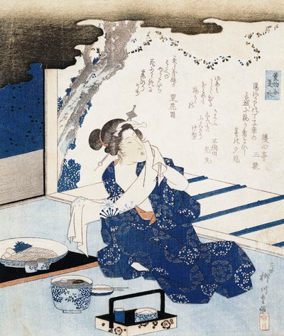 Courtisane in yukata (blauw-witte katoenen kimono), wandpaneel versierd met gedicht door Yanagawa II Shigenobu