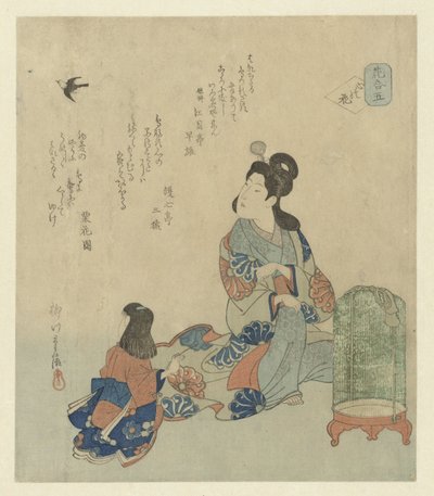 Dame zittend bij vogelkooi door Yanagawa Shigenobu (II)
