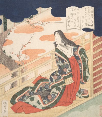 Hofdame die de pruimenbloesem prijst, 1830 door Yanagawa Shigenobu
