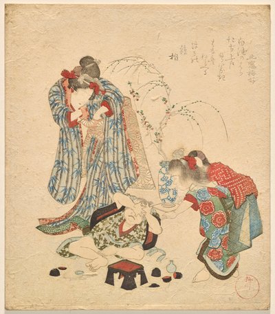 Twee meisjes met hun kleine broer die de sake set omver gooide door Yanagawa Shigenobu II