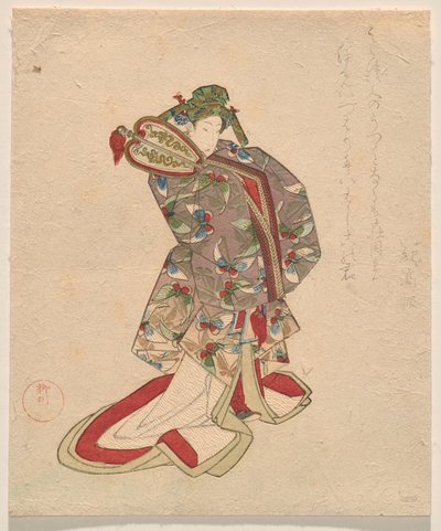 Vrouw in Chinese kostuum met vlinderpatroon door Yanagawa Shigenobu II