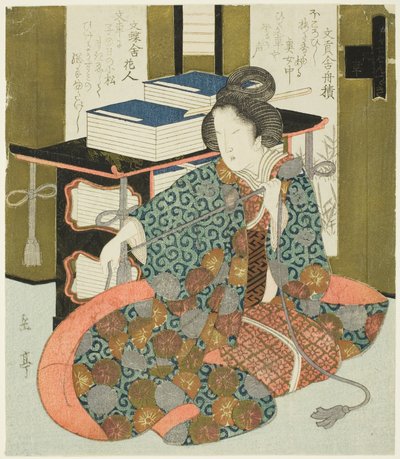 Een Vrouw die aan het Touw van een Boekenkast Trekt, uit de serie "Een Set van Zeven voor de Katsushika Club" door Yashima Gakutei