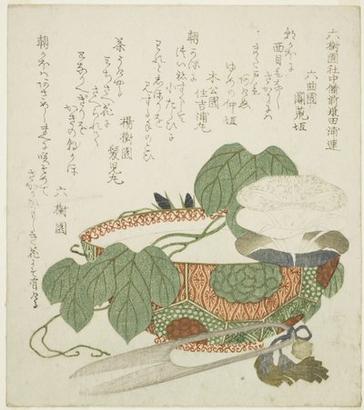Kom, schaar en ochtendglorie door Yashima Gakutei