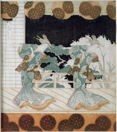 Dansers in traditionele kostuums op een scène (Japanse prent Surimono) door Yashima Gakutei