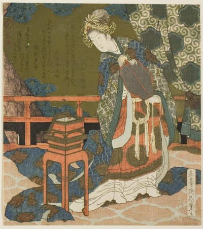 Twee Chinese vrouwen die draad en een spinnenweb in een doos onderzoeken, uit de serie "Diptiek voor de drumgroep" door Yashima Gakutei