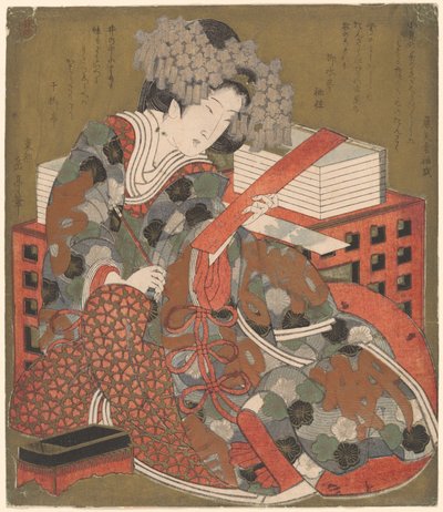 Vrouw die op het punt staat een gedicht te schrijven door Yashima Gakutei
