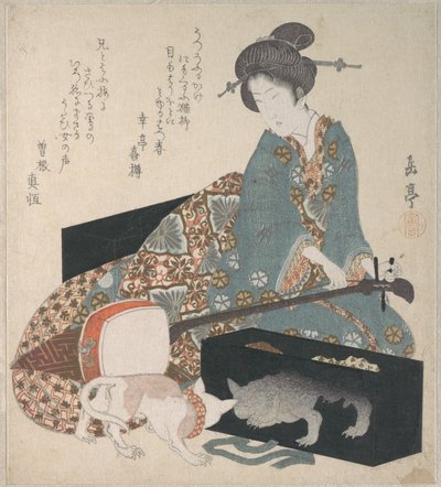 Vrouw die een shamisen stemt en een kat die naar zijn eigen spiegelbeeld kijkt door Yashima Gakutei