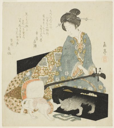 Vrouw met shamisen en kat door Yashima Gakutei