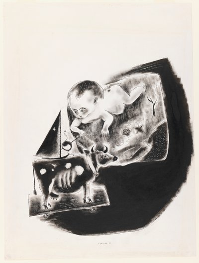 Baby en speelgoedkoe door Yasuo Kuniyoshi