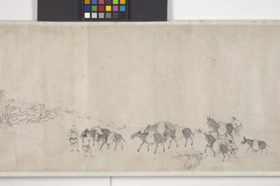 Honderd ezels die graan vervoeren, handrol, ca. 1700 door Ye Yin