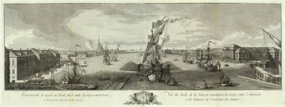 Uitzicht op de Neva Stroomafwaarts van de Admiraliteit en de Academie van Wetenschappen Boek voor het 50-jarig jubileum van Sint-Petersburg, 1753 door Yefim Grigoryevich Vinogradov