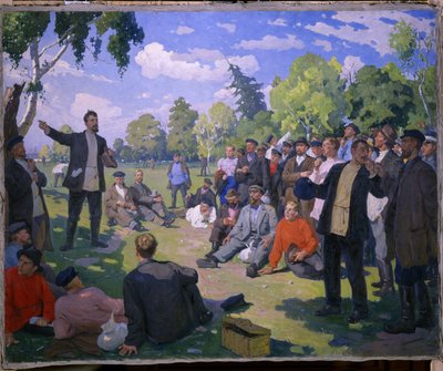 Dag van de arbeid in 1891. Rust- en verzamelplaats voor arbeiders in een zonnig park door Yefim Mikhailovich Tcheptsov